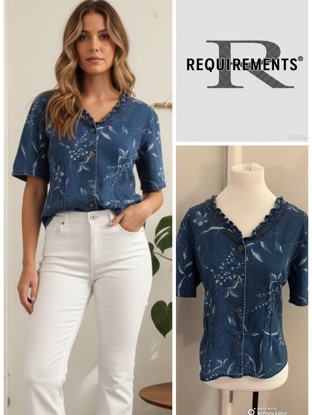 Requirements Indigo Floral Button-Front Short Sleeve Blouse